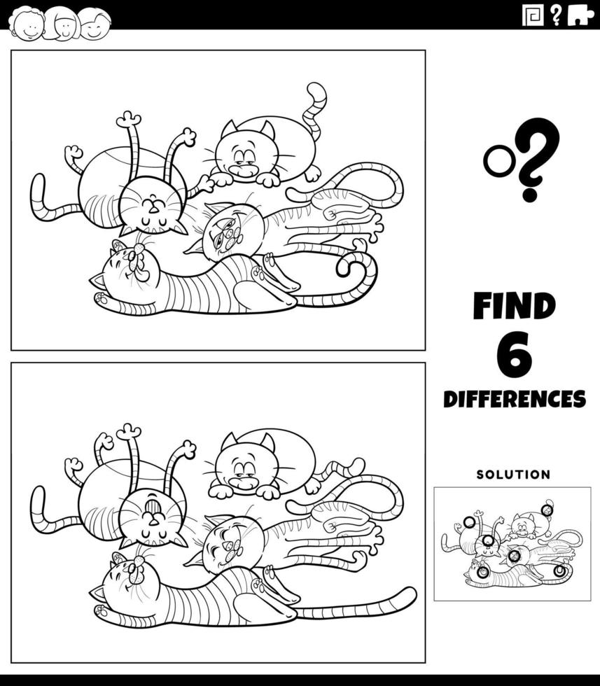 differences game with cartoon sleeping cats coloring book page vector