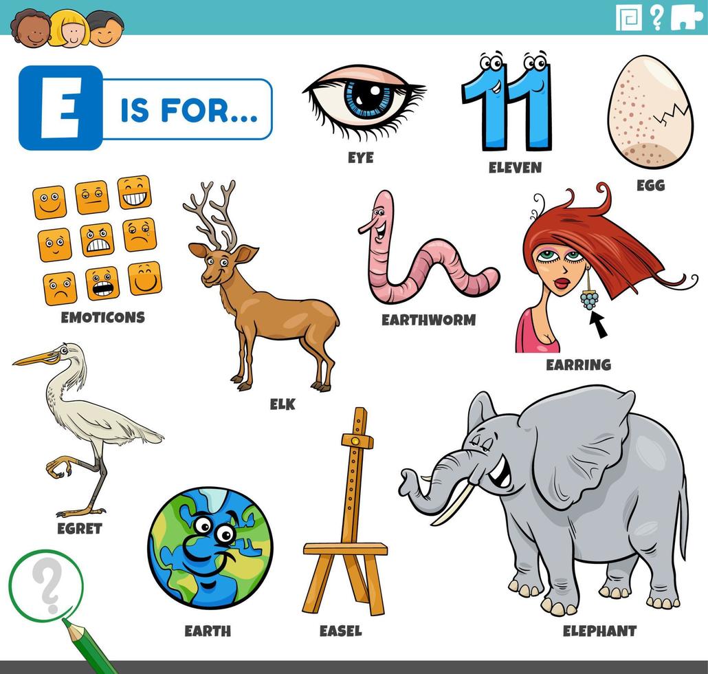 letter e words educational set with cartoon characters vector