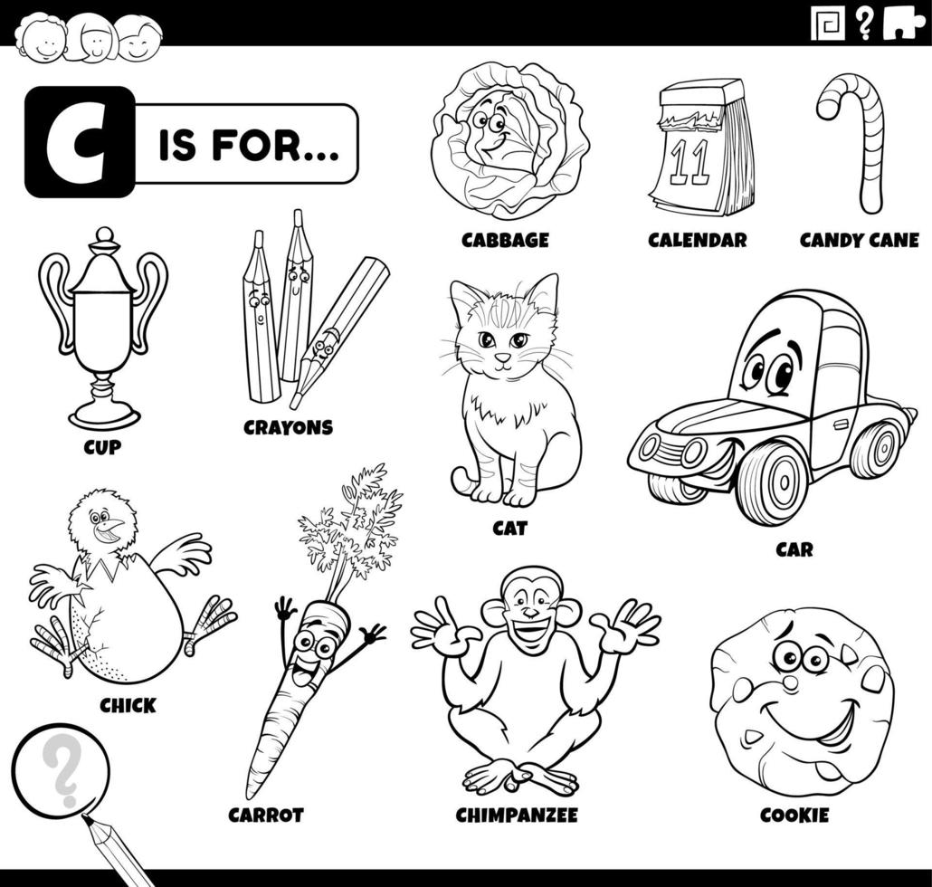 letter c words educational set coloring book page vector