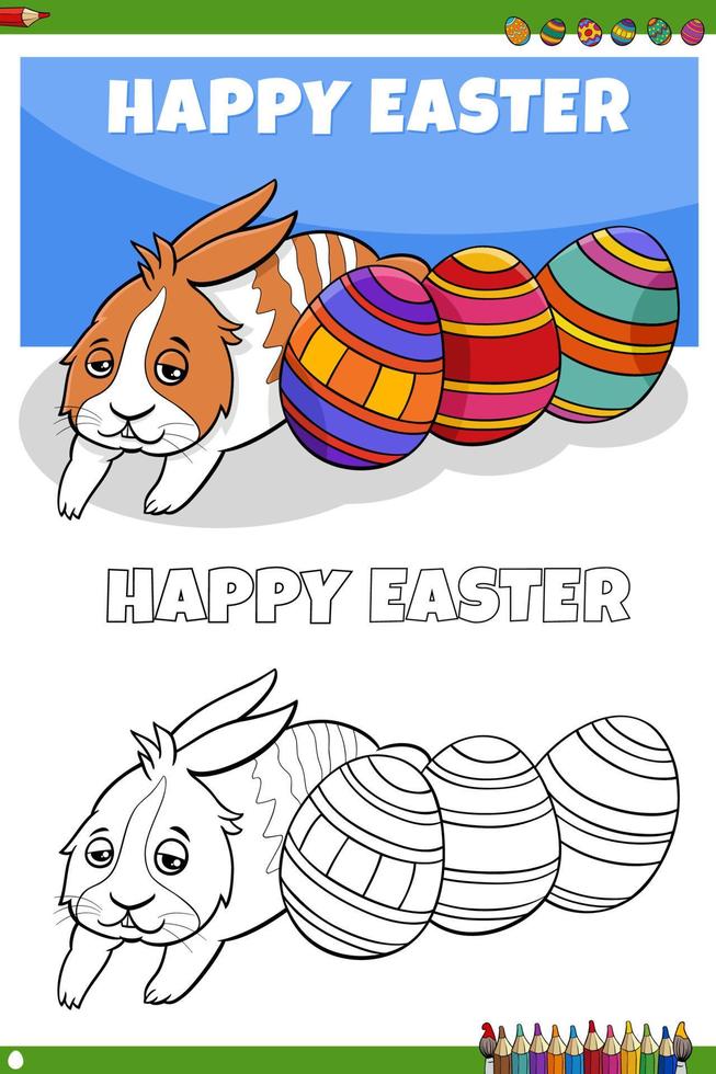 cute Easter bunny character with eggs coloring book page vector