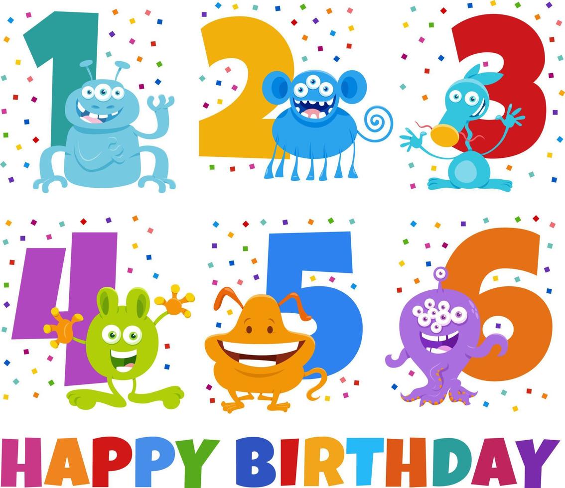 birthday greeting cards set with cartoon monster characters vector