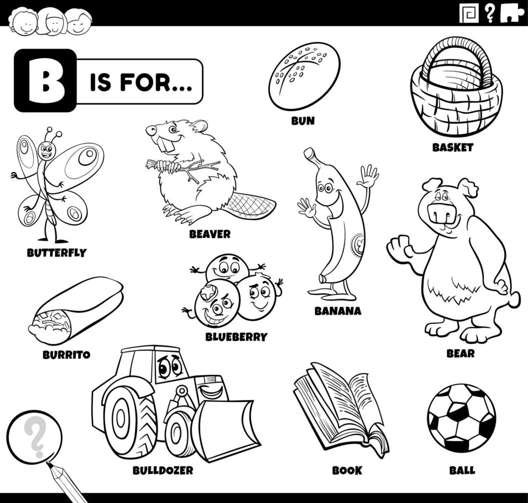 letter b words educational set coloring book page vector
