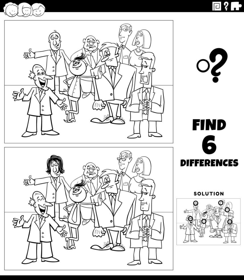 juego de diferencias con hombres de negocios de dibujos animados para colorear página del libro vector