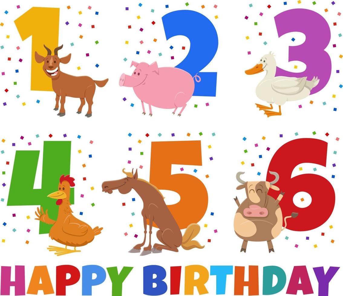 birthday greeting cards set with cartoon farm animal characters vector