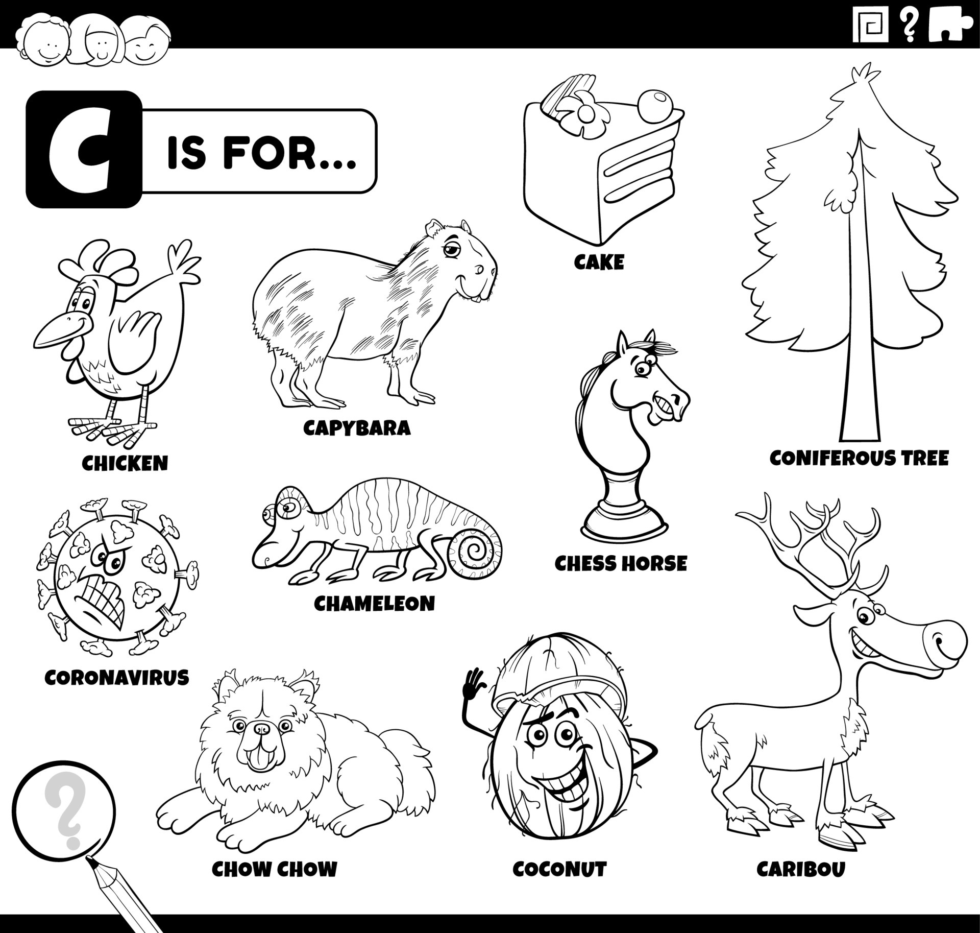 letter c words educational set coloring book page 7048160 Vector Art at  Vecteezy