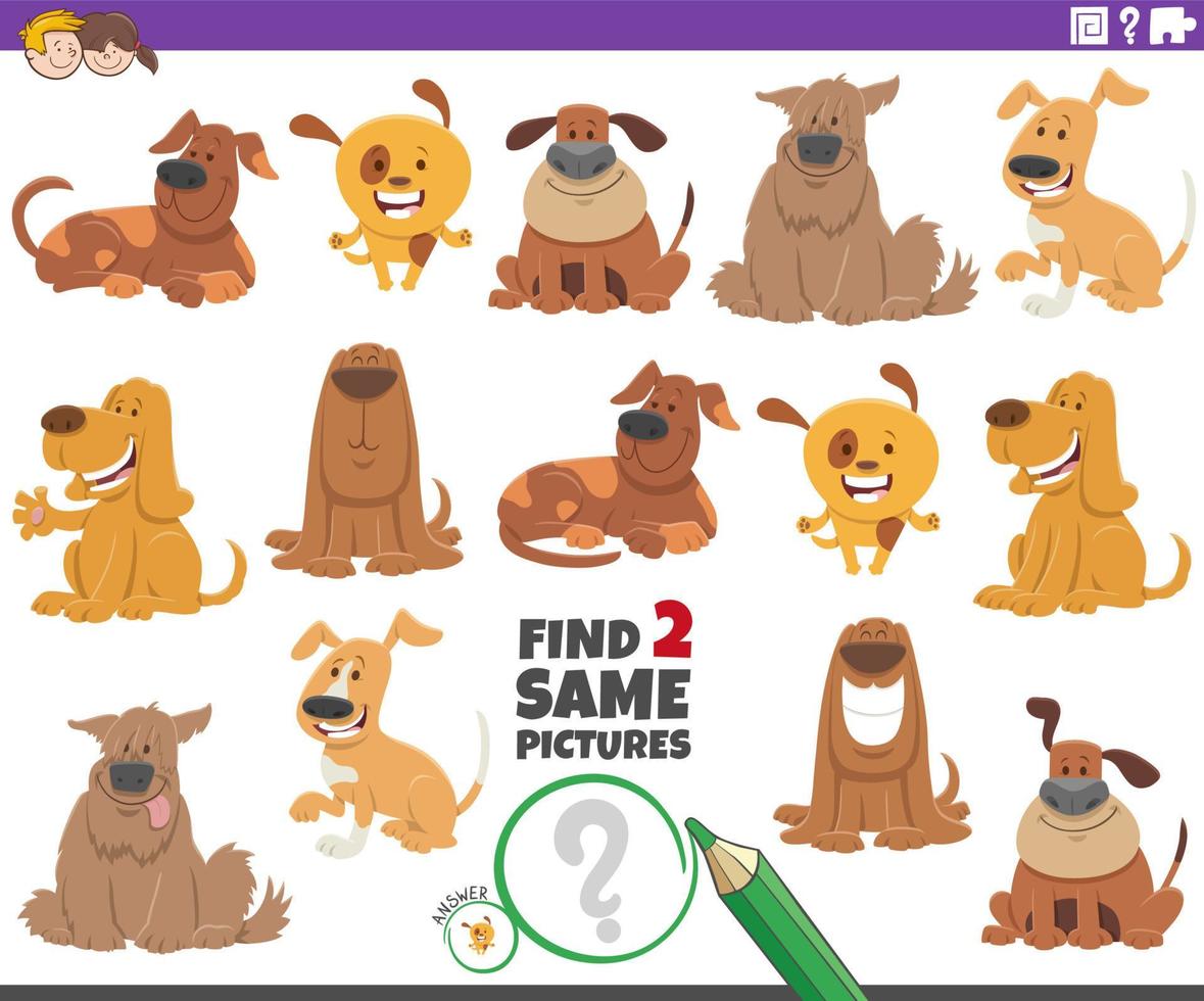 find two same cartoon dog characters educational task vector