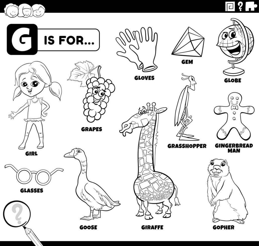 letter g words educational set coloring book page vector