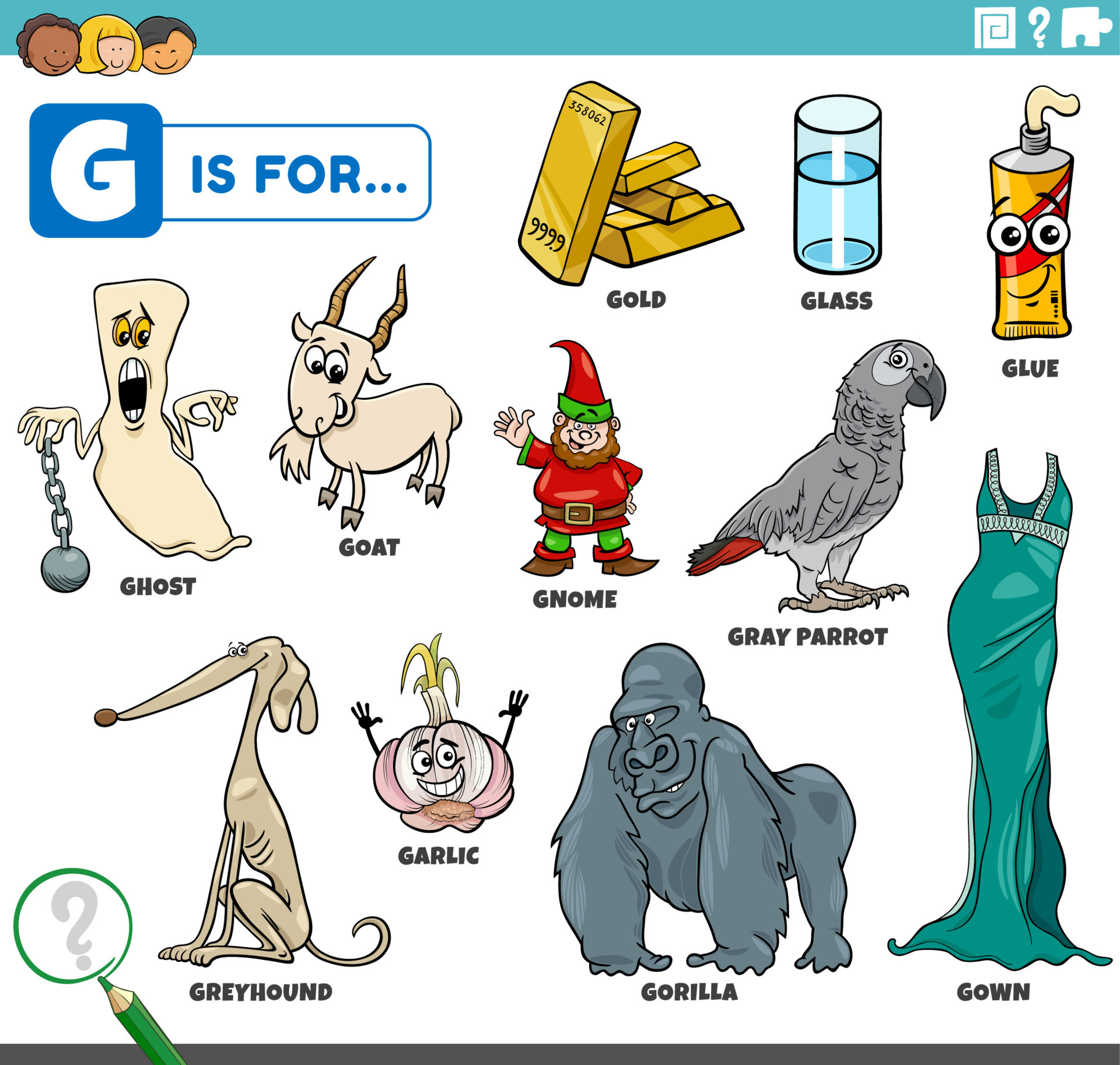 letter g words educational set with cartoon characters 7048176 Vector ...