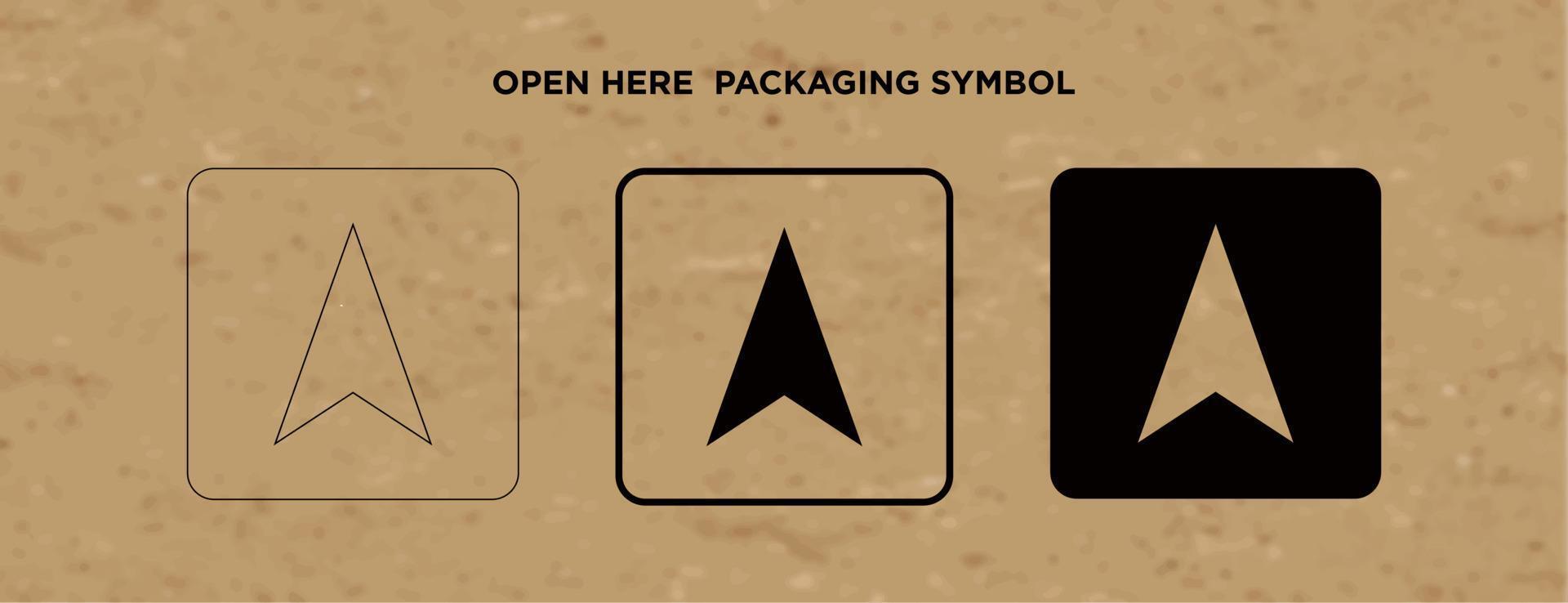 Open Here vector packaging symbol on vector cardboard background. Handling mark on craft paper background