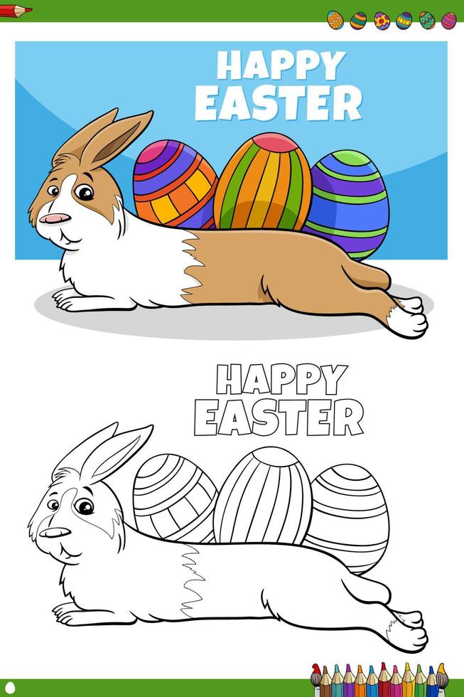 Easter bunny character with eggs coloring book page vector