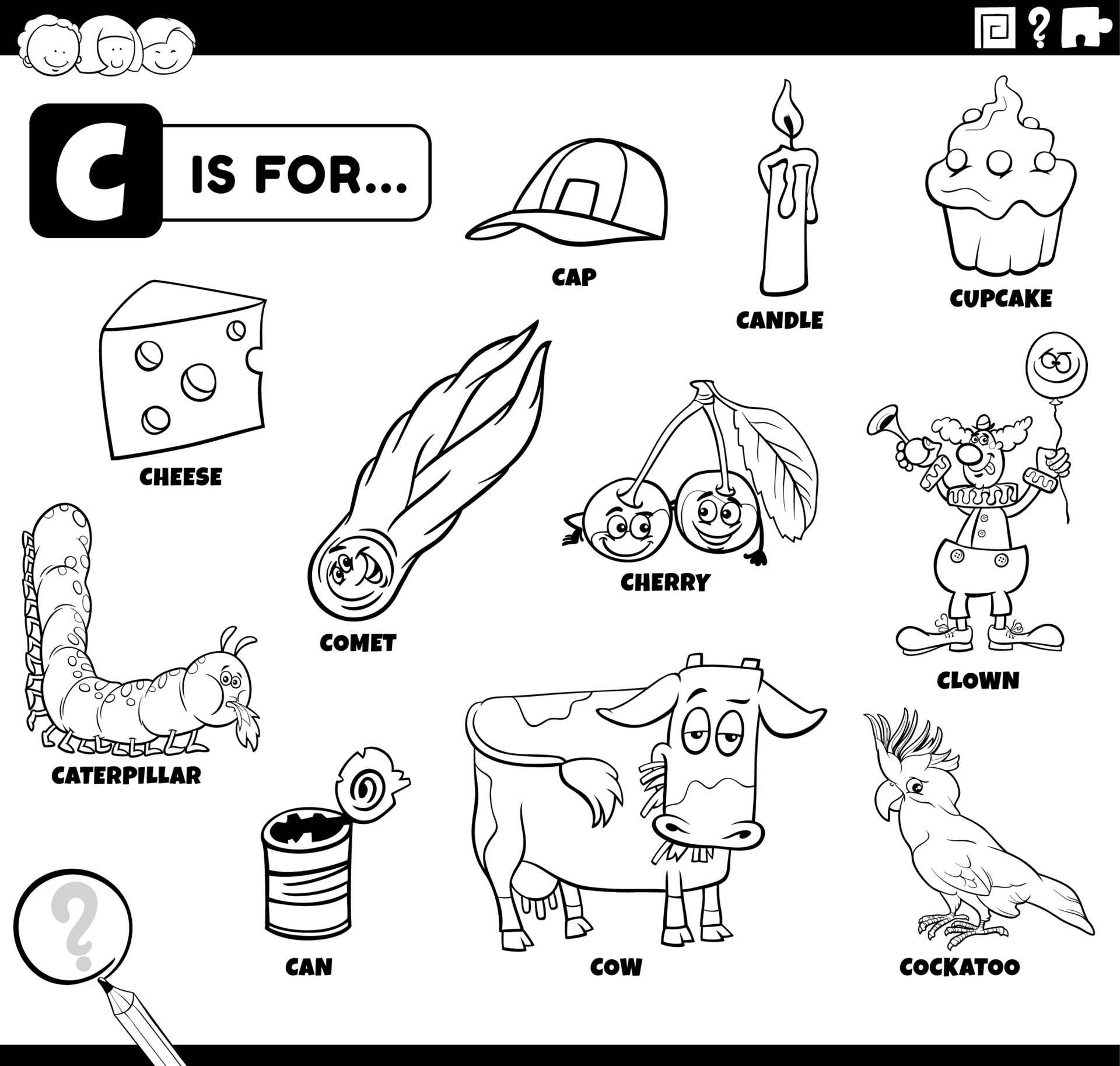 letter c words educational set coloring book page 7048215 Vector Art at