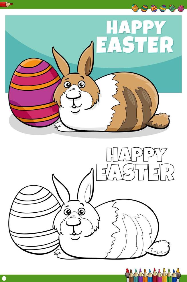 Easter bunny character with egg coloring book page vector