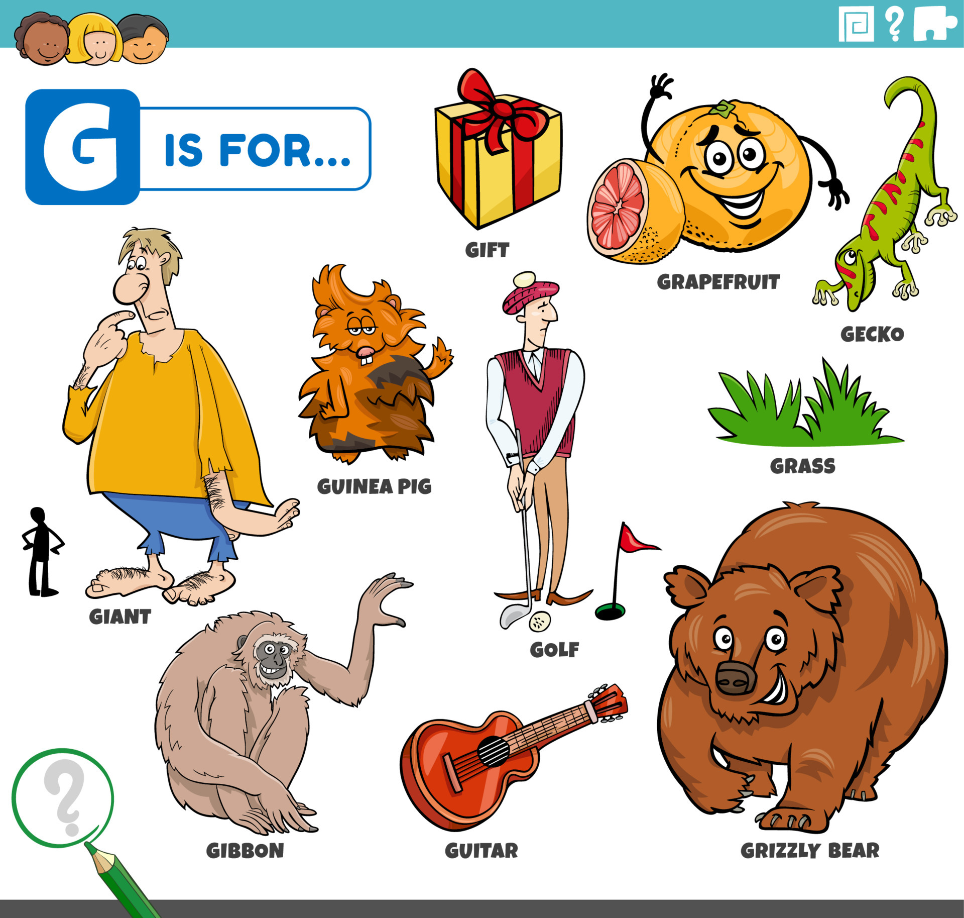letter g words educational set with cartoon characters 7048241 Vector ...