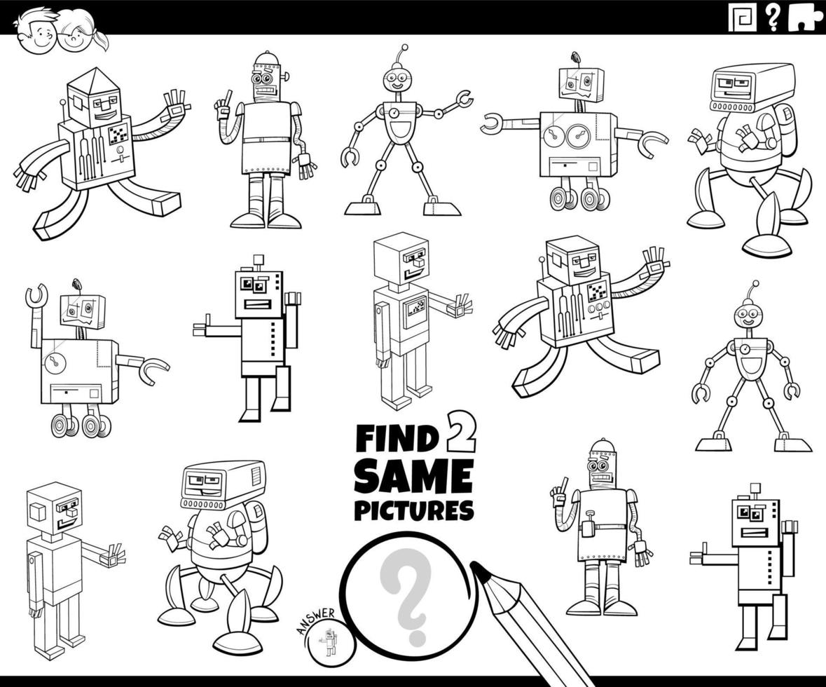 find two same cartoon robot characters task coloring book page vector