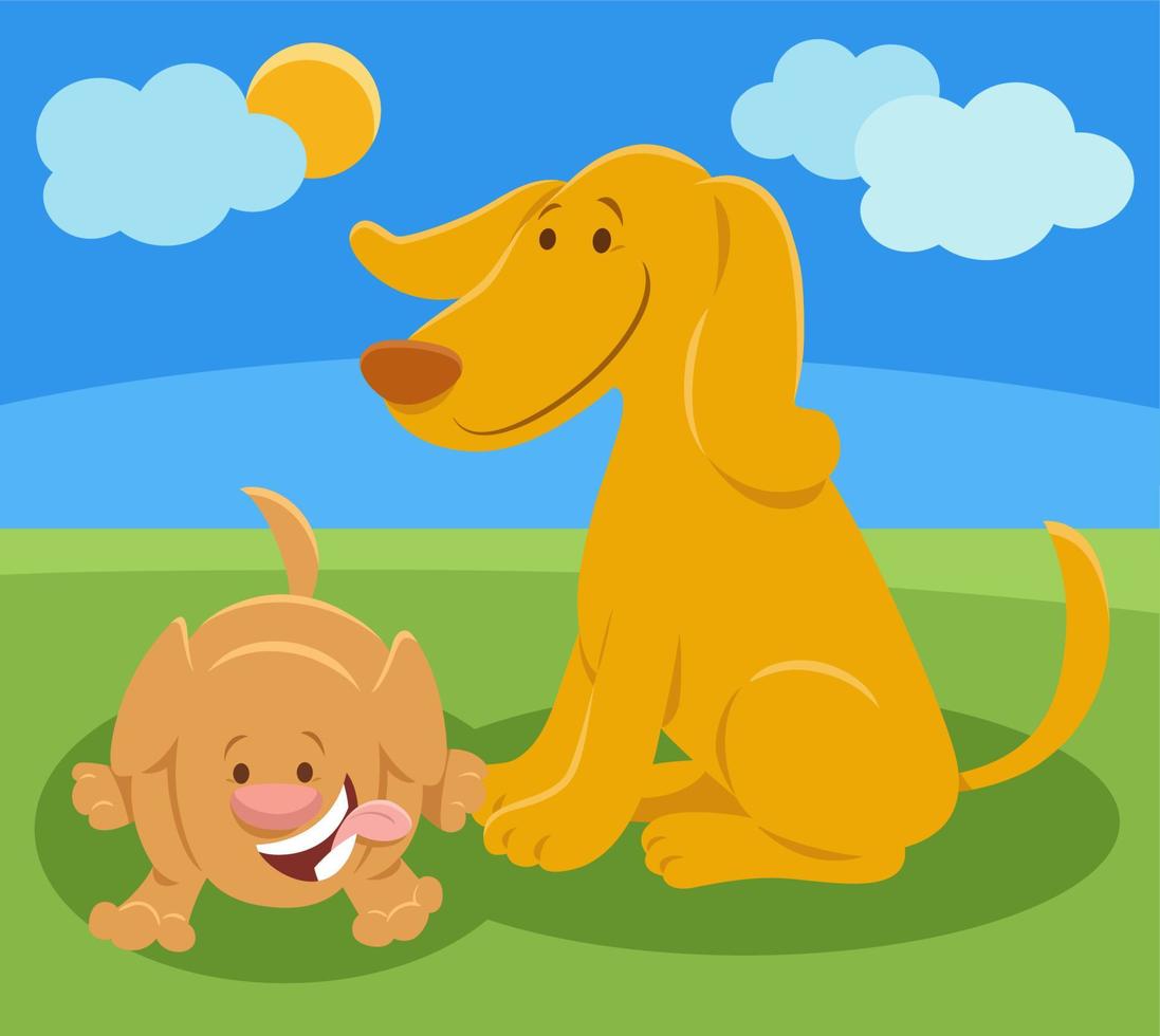 personaje animal de mamá de perro de dibujos animados con cachorrito feliz vector