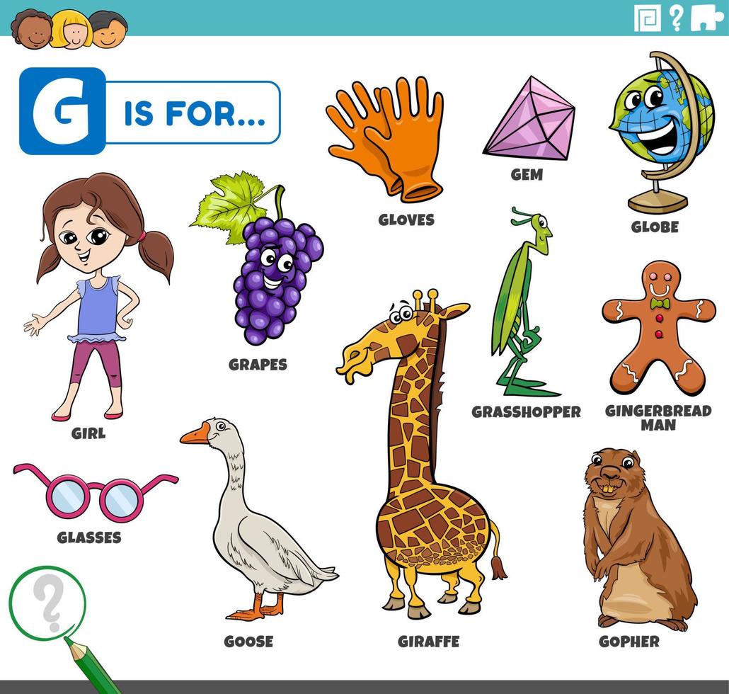 conjunto educativo de palabras de letra g con personajes de dibujos animados vector