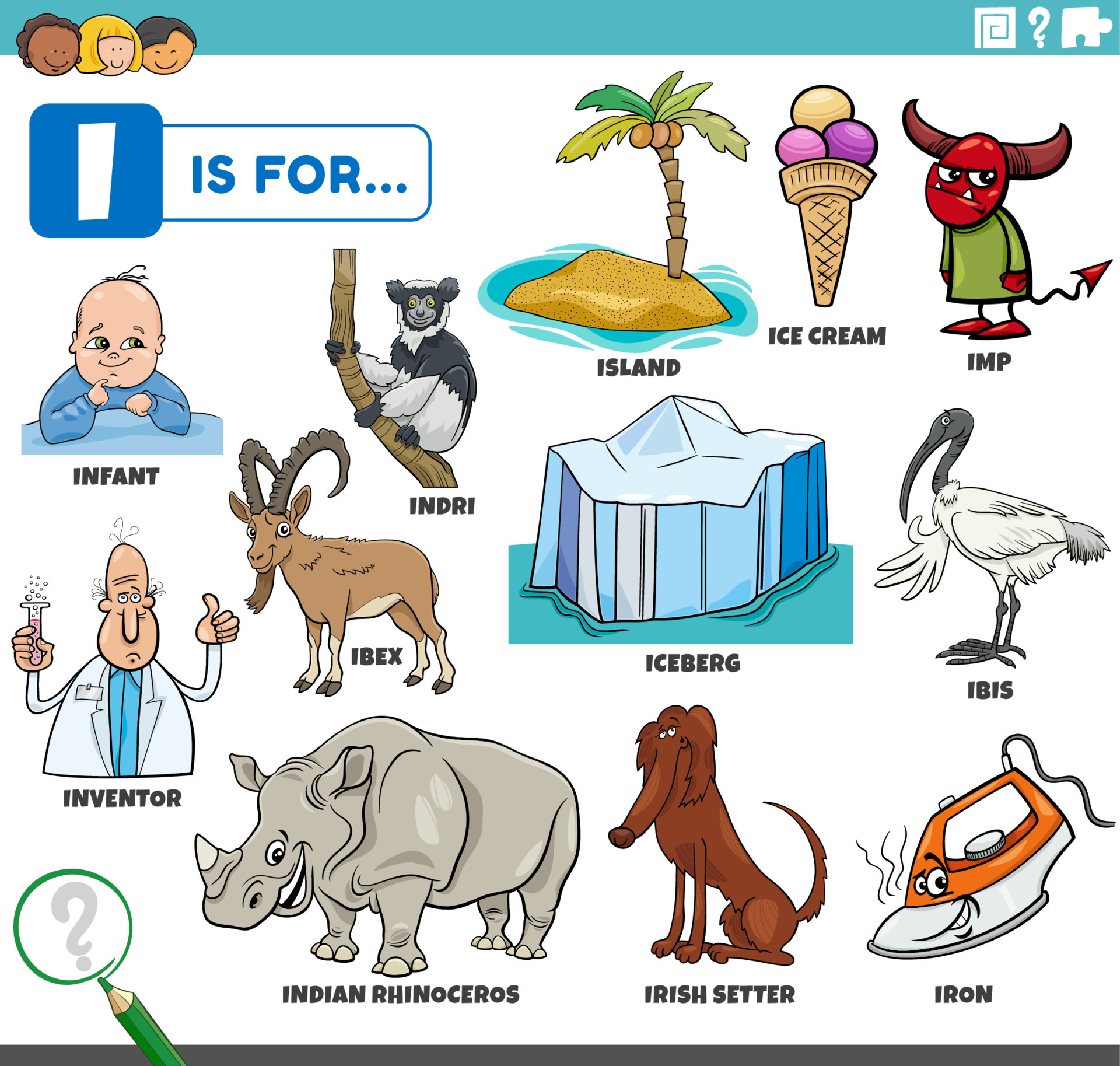 letter i words educational set with cartoon characters 7048255 Vector