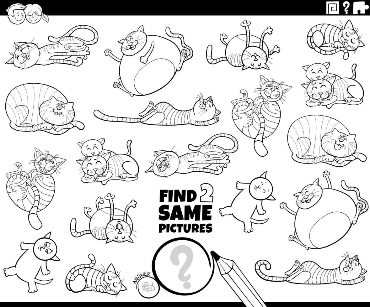 encontrar dos mismos gatos de dibujos animados juego página de libro para colorear vector