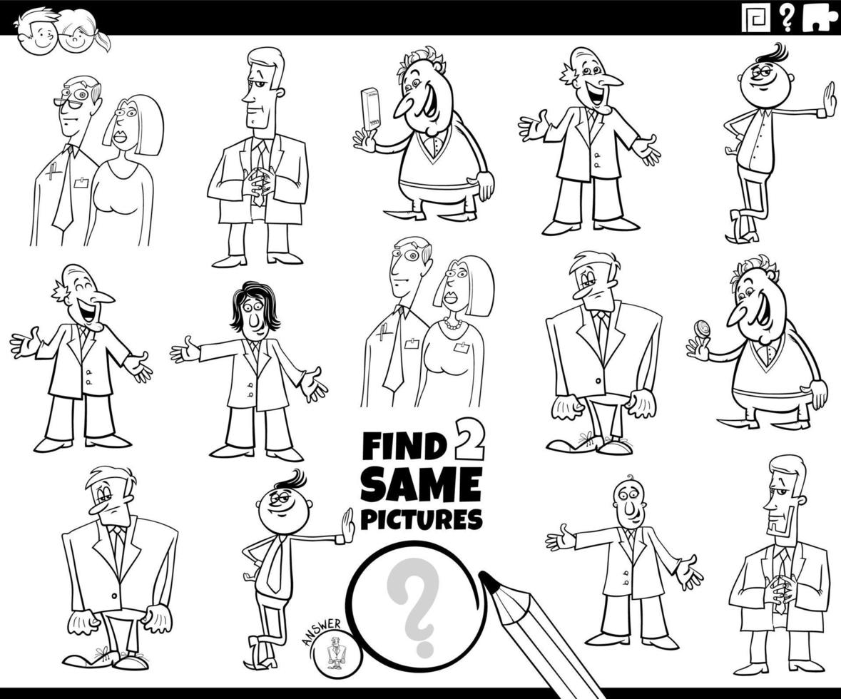 find two same cartoon characters task coloring book page vector