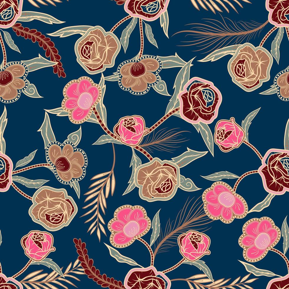 estilo tradicional batik floral de patrones sin fisuras, textil de patrones coloridos. vector