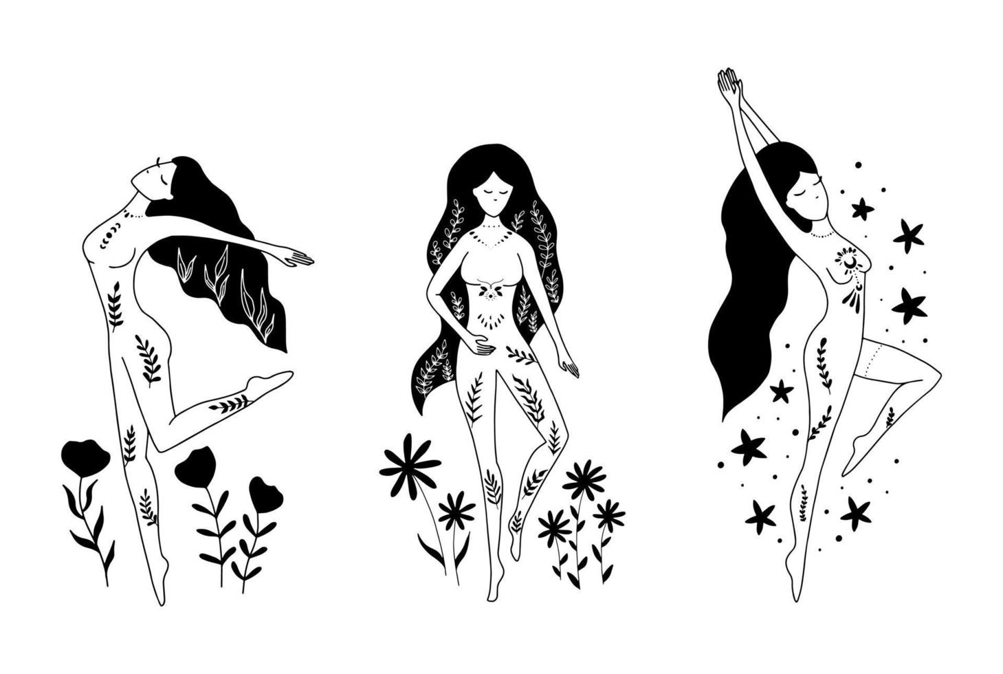 conjunto de mujeres misteriosas con composición floral vector