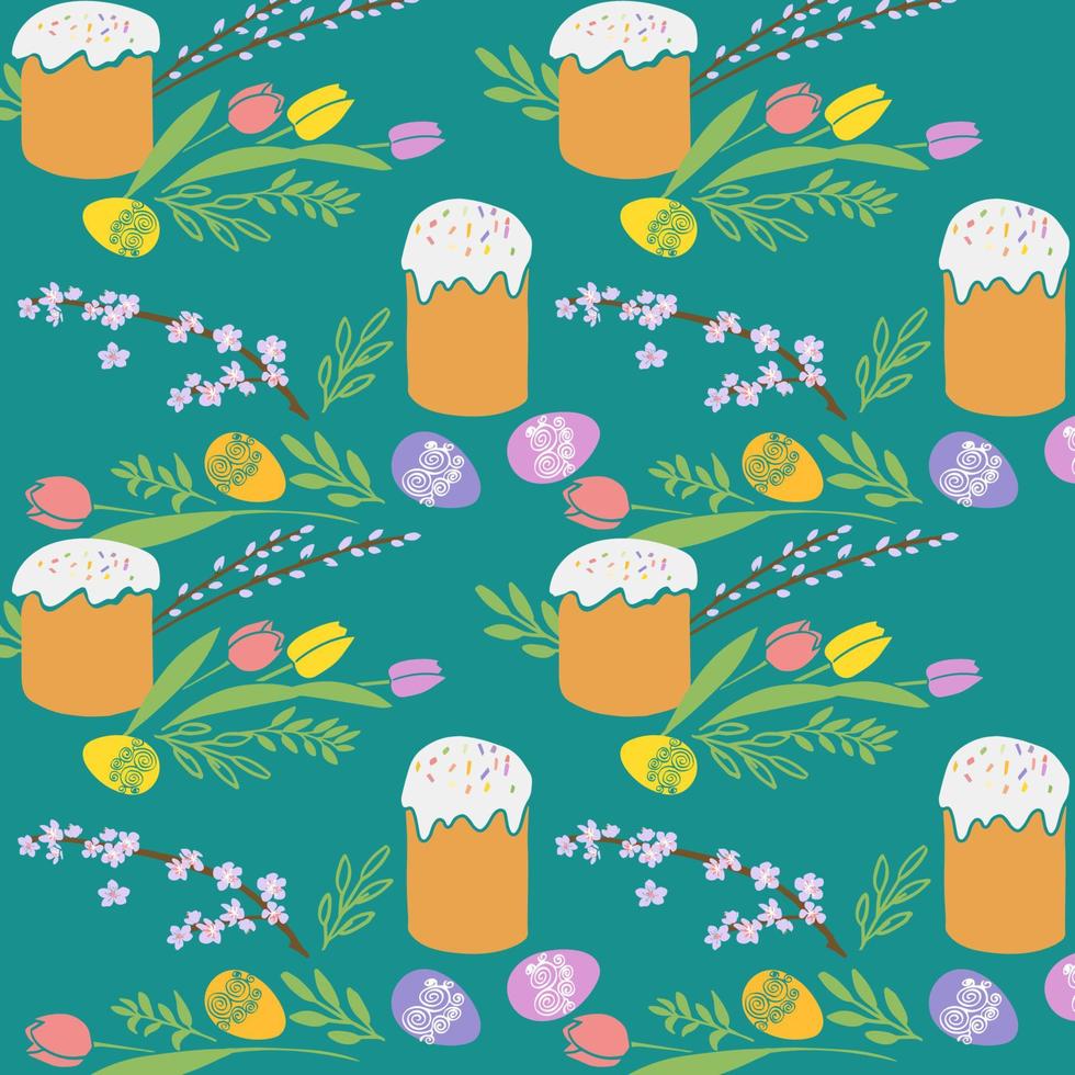 Seamless pattern with Easter illustration Easter cake, egg and spring flowers on green background vector