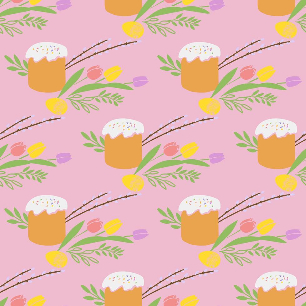 Seamless pattern with Easter illustration Easter cake, egg and spring flowers on pink background vector