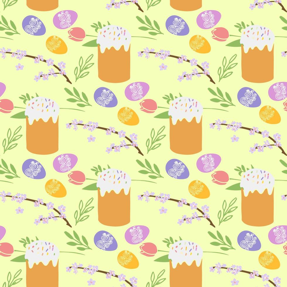 Seamless pattern with Easter illustration Easter cake, egg and spring flowers on yellow background vector