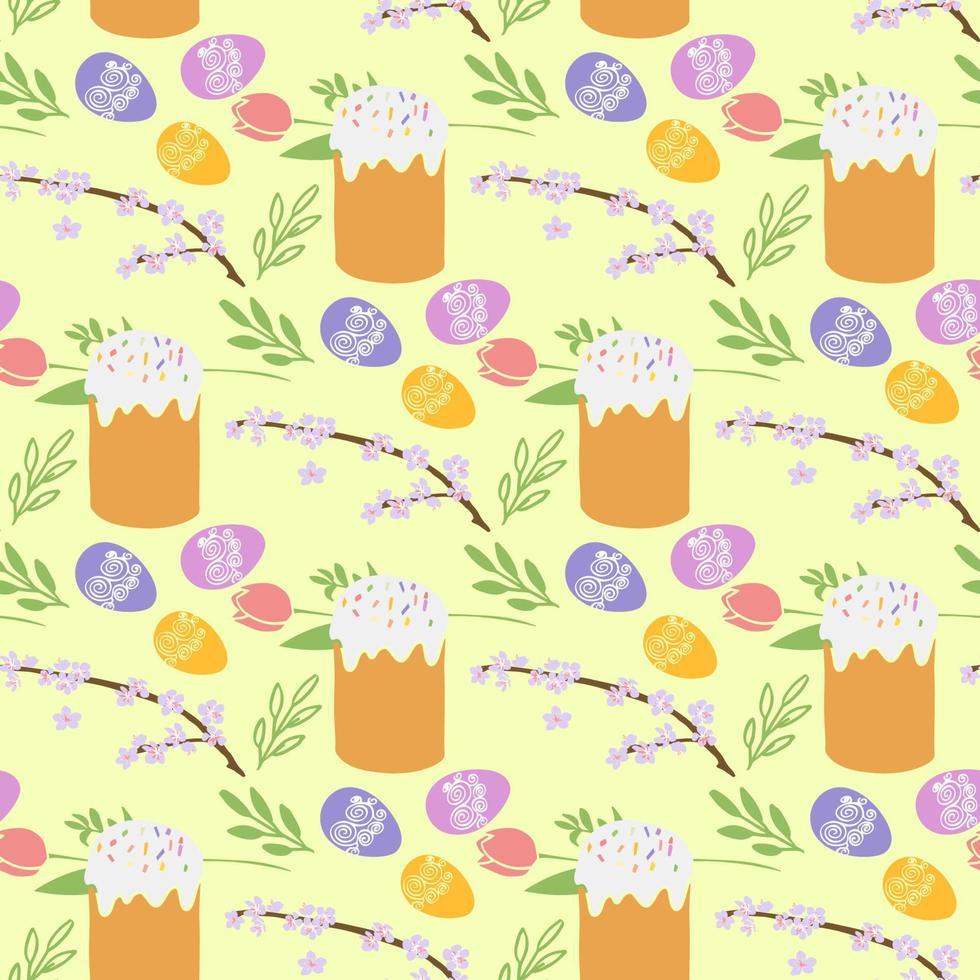 Seamless pattern with Easter illustration Easter cake, egg and spring flowers on yellow background vector