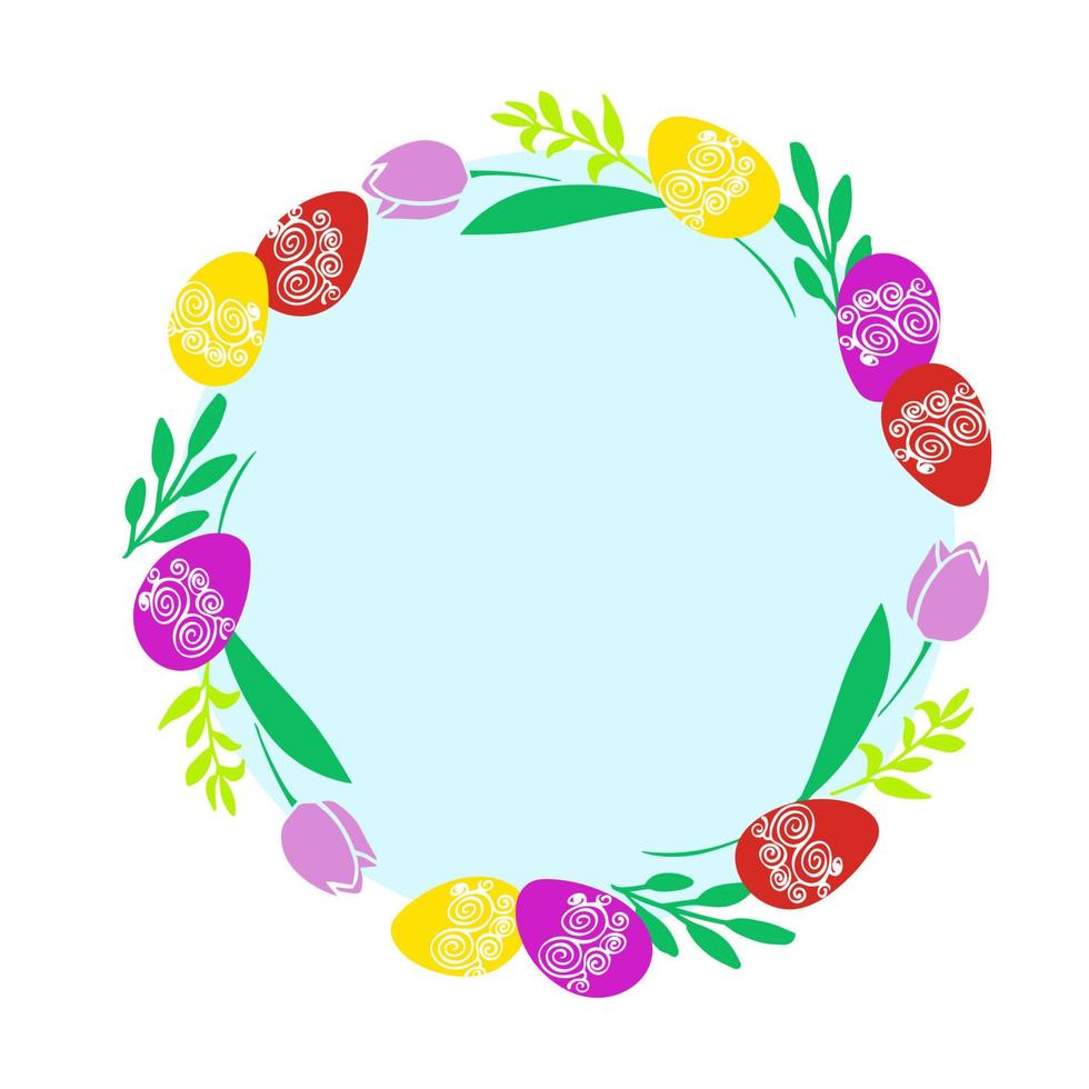 Illustration Easter wreath with spring flowers tulip and Easter egg vector