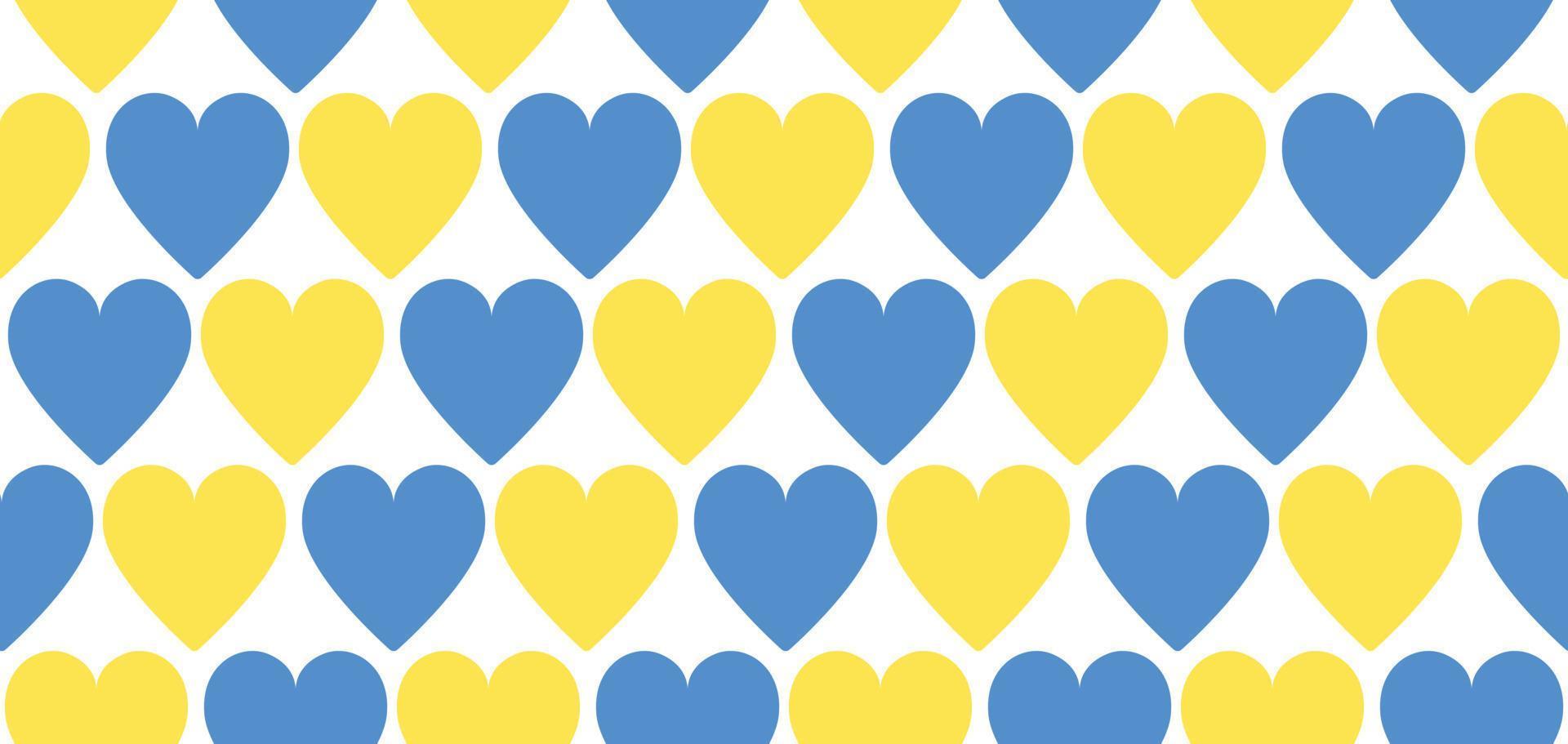 Seamless pattern vector background with hearts in color of Ukrainian flag - yellow and blue. Repeat seamless textured backdrop. Support Ukraine