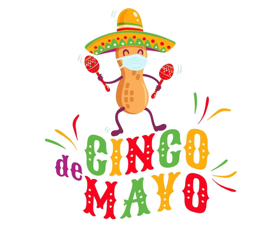 Vector illustration of peanut in sombrero for Cinco de mayo festival.