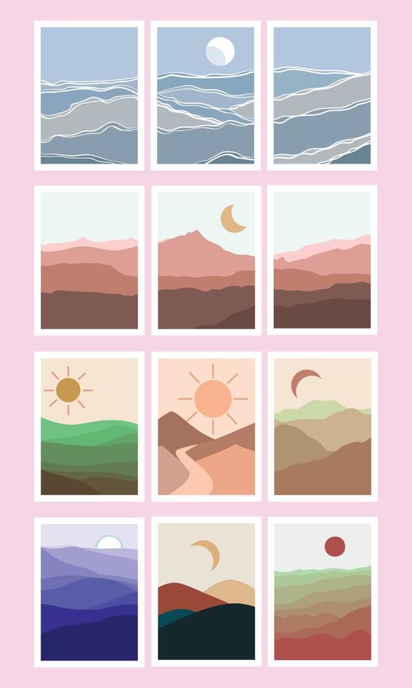 Natural Abstract Mountain Wall Art Set Mid Century Minimalist Poster vector