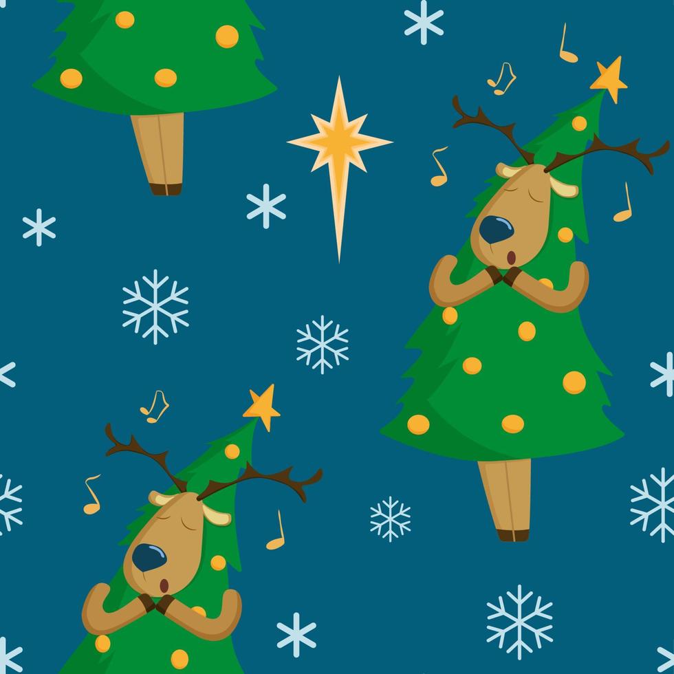 Vector pattern with a deer dressed as a Christmas tree and singing a Christmas song