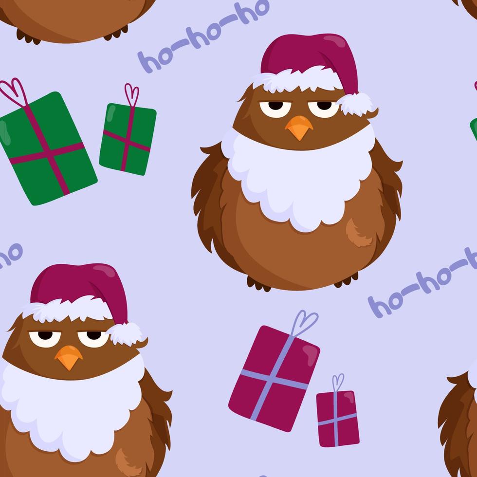 vector pattern with a grumpy sparrow in a Christmas hat and gifts