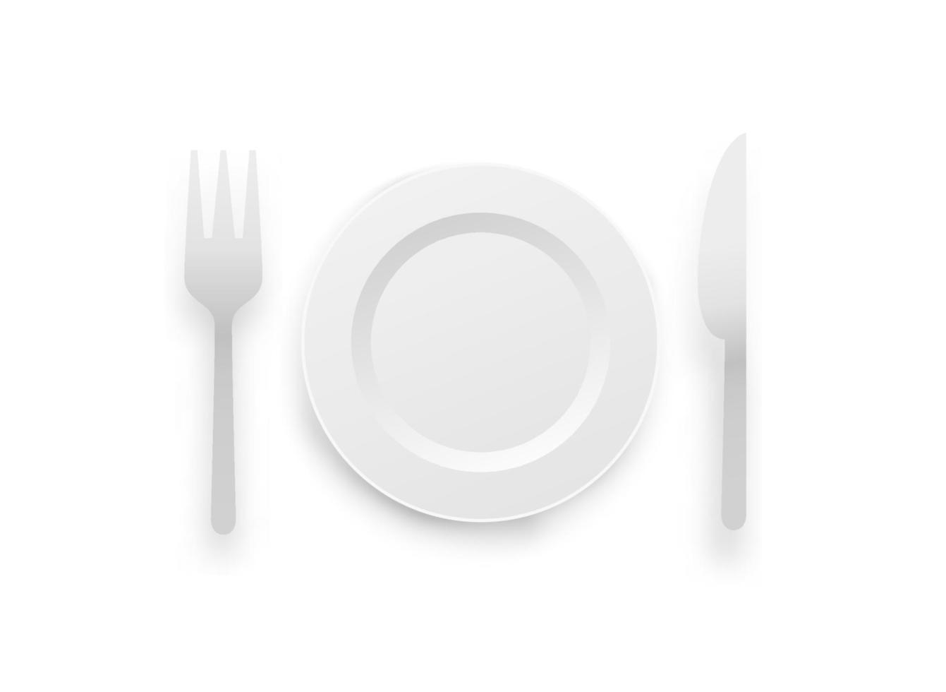 White plate, fork and knife isolated on white background. 3d vector illustration.