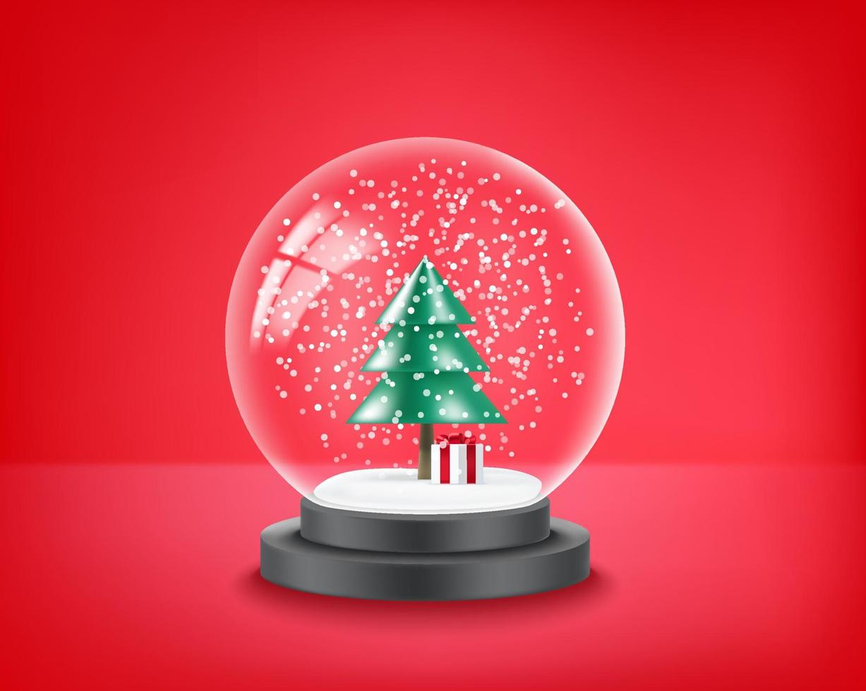Transparent glass empty crystal ball with snow and christmas tree. 3d vector illustration with copy space
