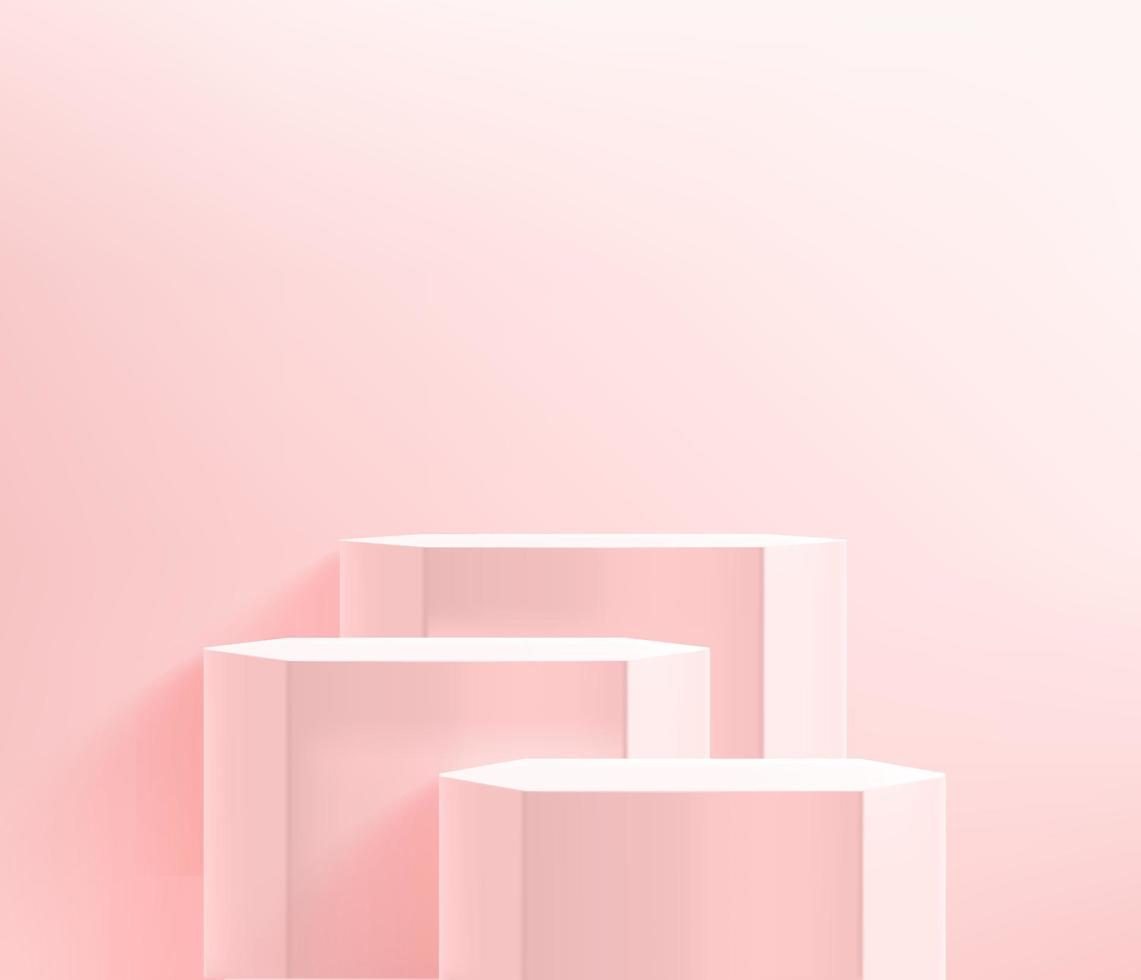 Three hexagon podiums on pink interior. 3d vector showcase