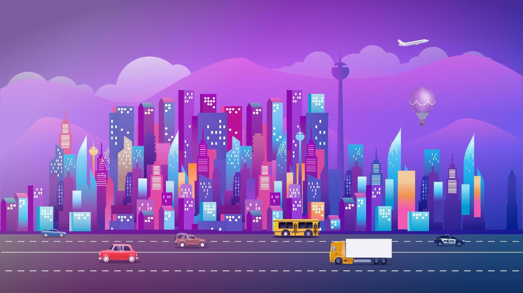 Travel around the world. Cityscape with modern skyscrapers and vehicles vector