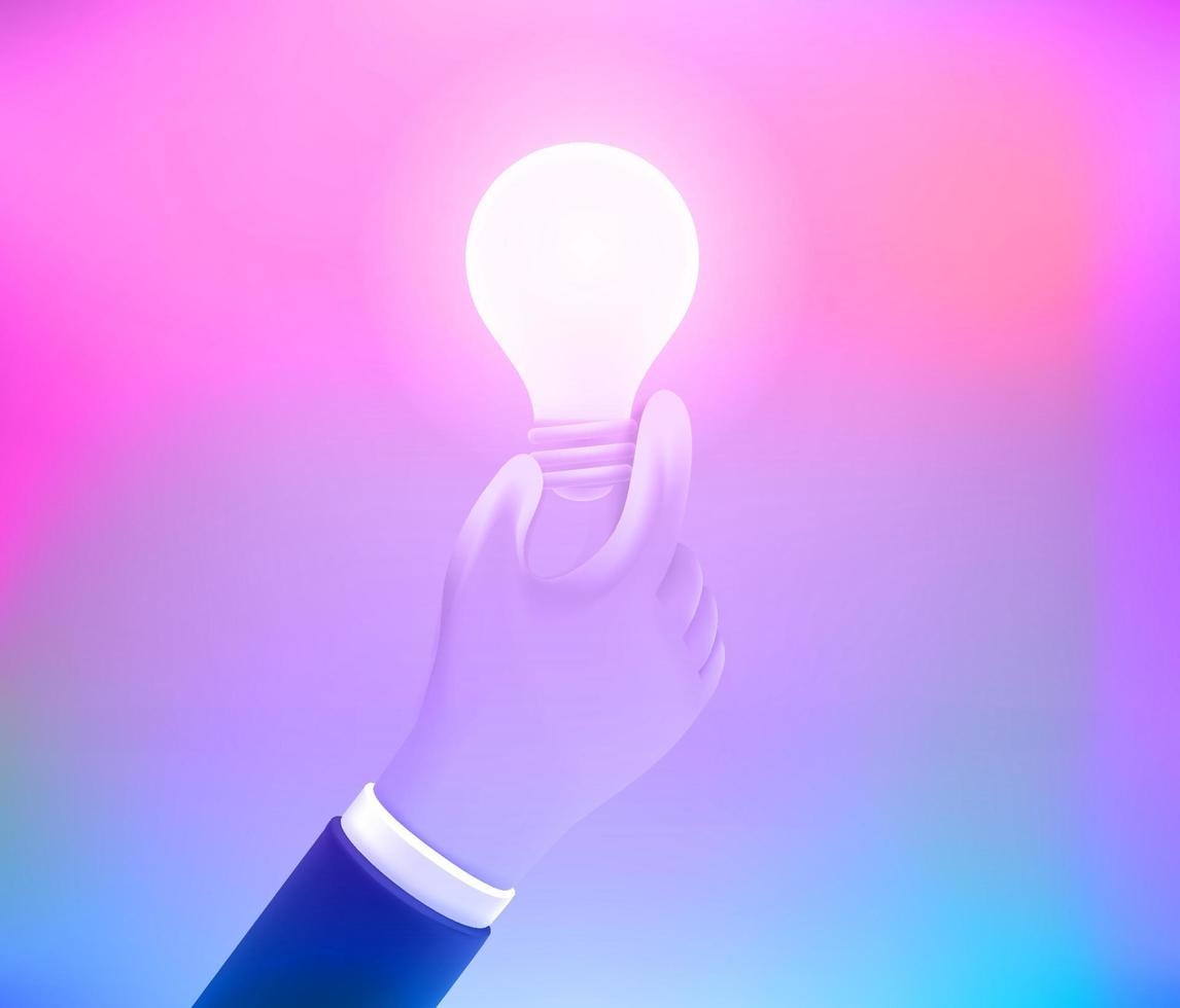 Human hand with brighting lightbulb. 3d vector illustration with holographic effect
