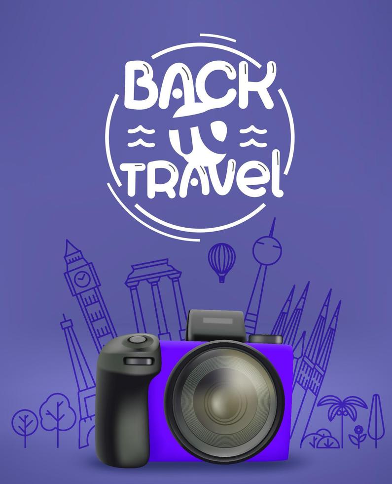 cámara fotográfica digital moderna con diferentes elementos de viaje ilustración vectorial. volver al concepto de viaje vector