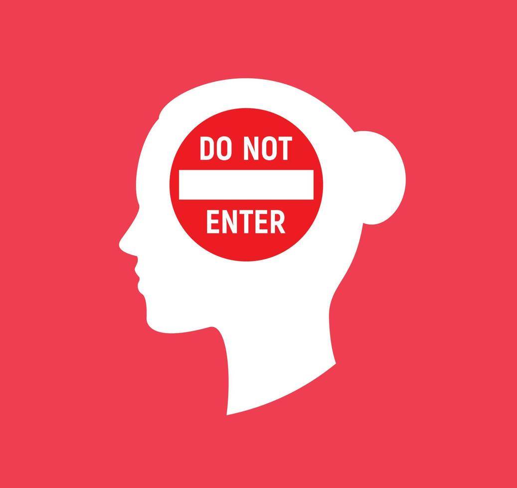 Female head silhouette with do not enter sign, women's rights, teenage girl problems, do not disturb sign. Vector illustration.