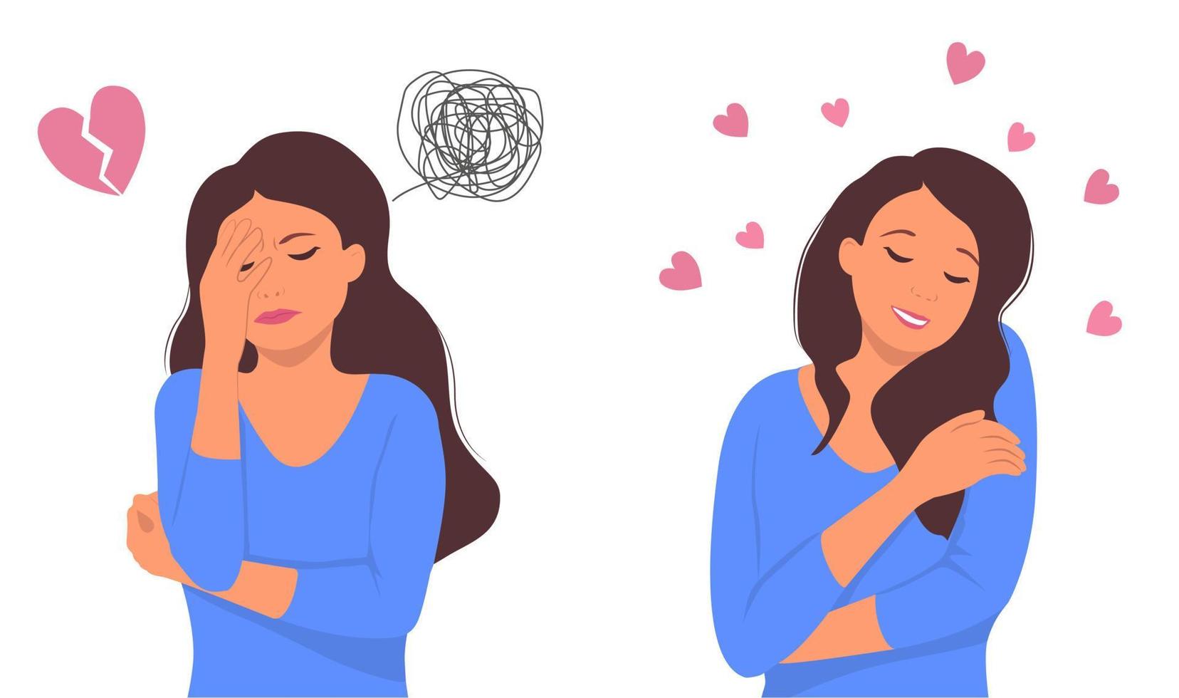 una niña triste deprimida y con el corazón roto, y una mujer feliz abrazándose a sí misma. ilustración de dibujos animados vectoriales. vector
