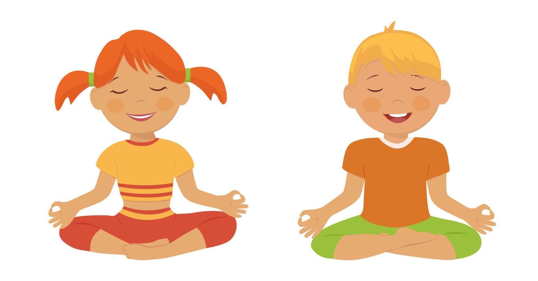 meditación de los niños. yoga para niños, relajación, lecciones de respiración. ilustración vectorial de dibujos animados. vector