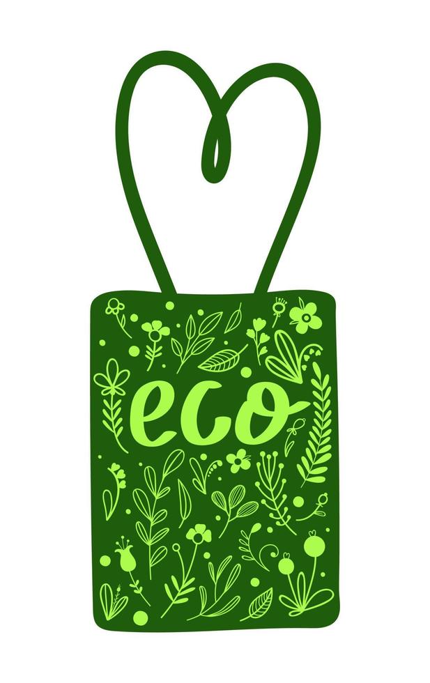 bolsa ecológica. vector dibujado a mano en estilo garabato. flores y plantas verdes.