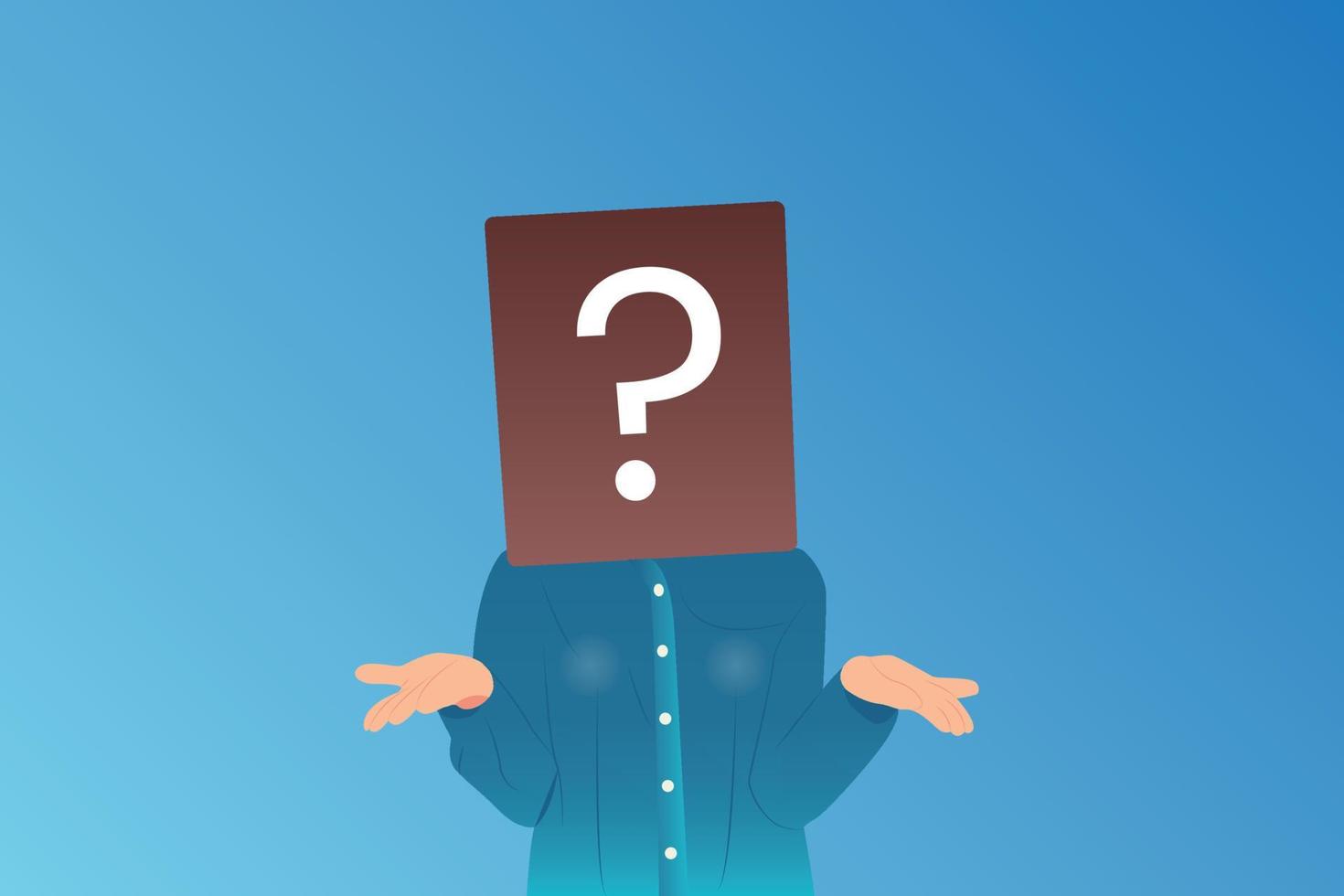 confused woman in blue shirt and question mark box on head vector