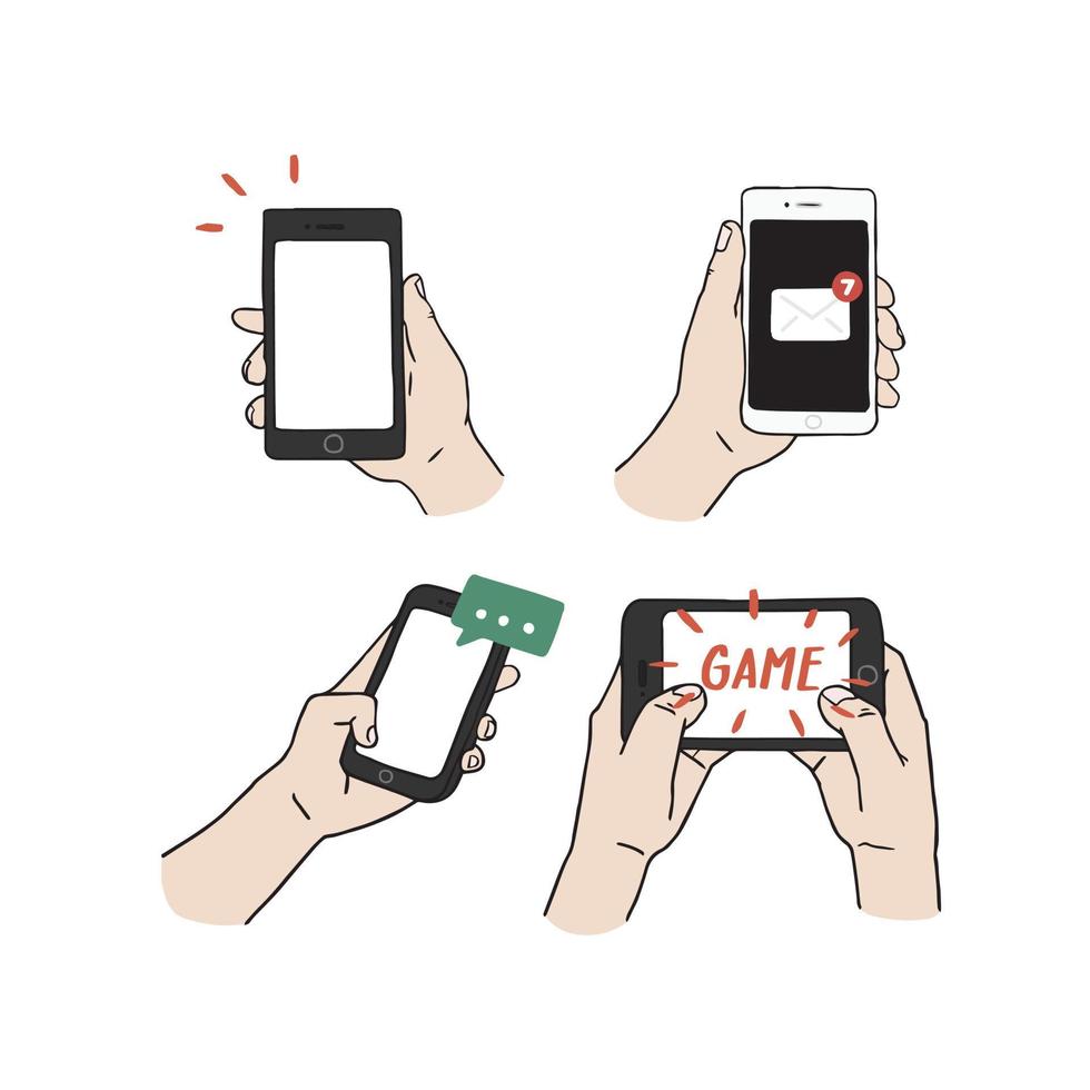 ilustración vectorial dibujada a mano de la mano que sostiene el teléfono inteligente sobre fondo blanco. nuevo mensaje, notificaciones, burbuja de voz en el teléfono. vector
