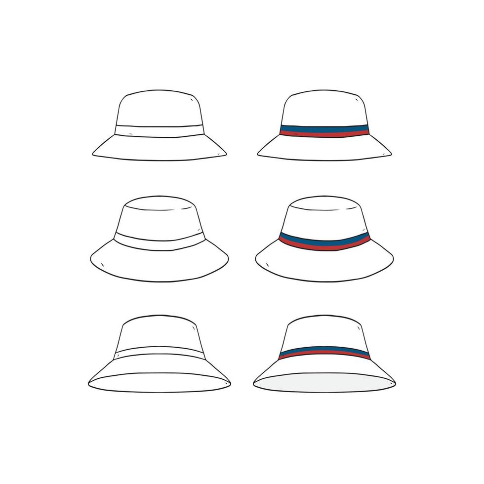 Set of blank striped bucket hat design template hand drawn vector illustration.