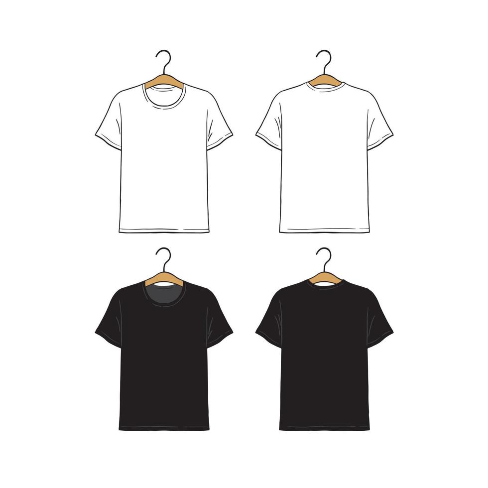 Set of blank hanging tshirt design template hand drawn vector illustration. Front and back sides. White and black male shirt on white background.