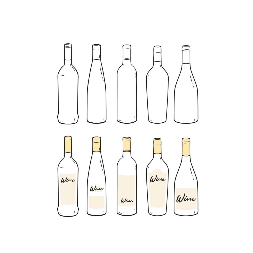 conjunto de plantilla en blanco botella de vino dibujado a mano ilustración vectorial. vector